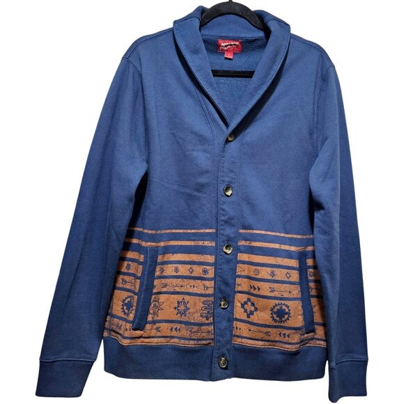 Men's Arizona Jean Co. Blue Shawl Collar Cardigan With Tribal Pattern Button Fro - Picture 3 of 8